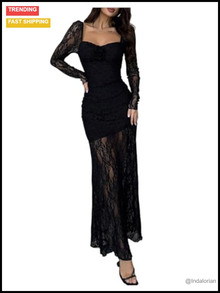 Lace Long Sleeve Maxi Dress With Ruched Details For Prom Cocktail Party